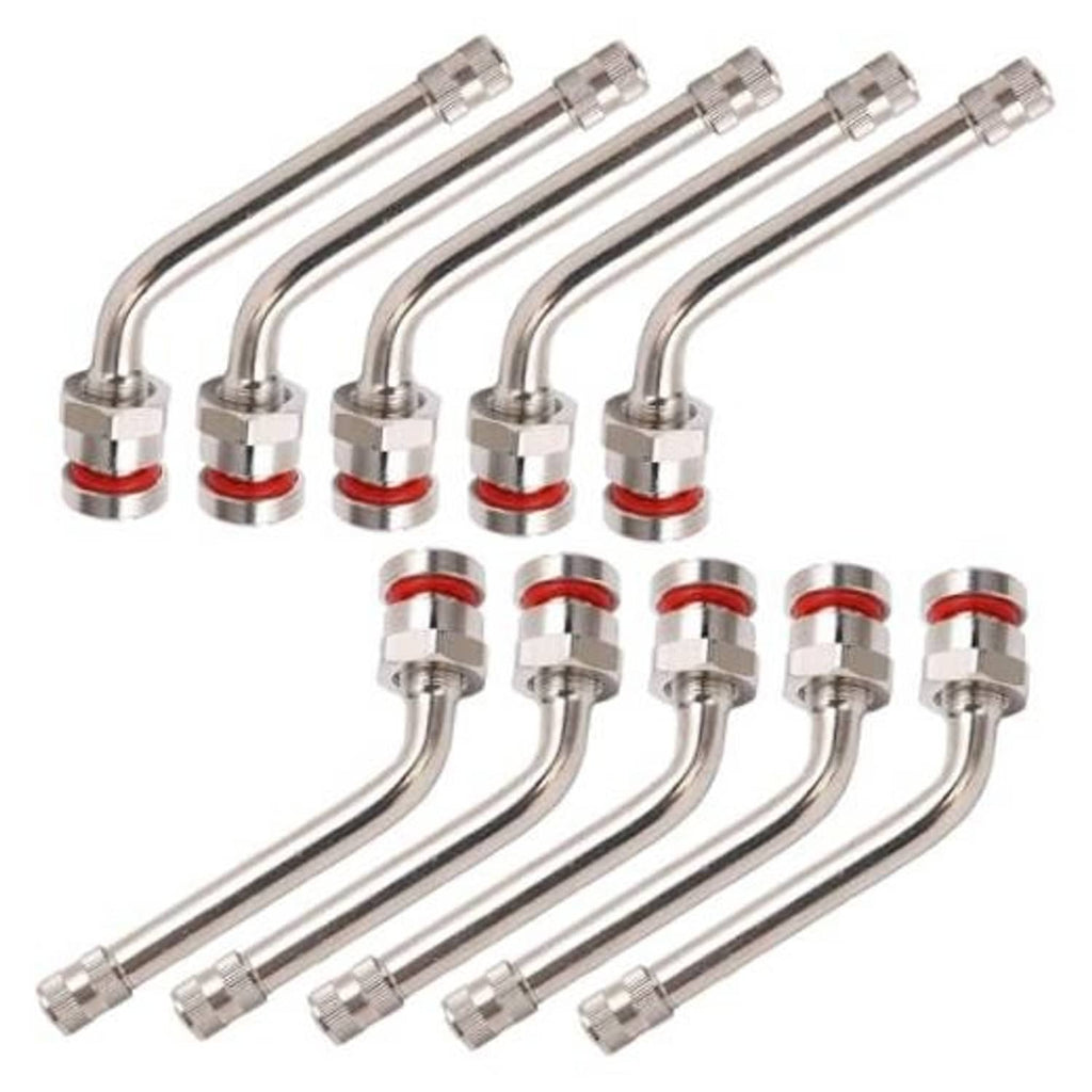 Truck tire valve stem extensions set, chrome metal with red sealing rings and knurled ends.