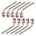Truck tire valve stem extensions set, chrome metal with red sealing rings and knurled ends.