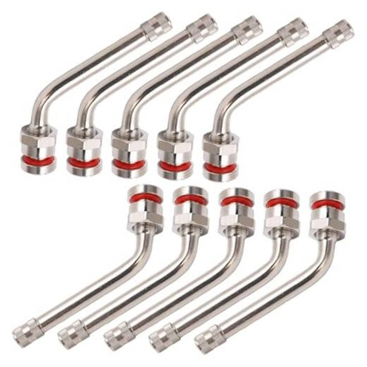 Truck tire valve stem extensions set, chrome metal with red sealing rings and knurled ends.
