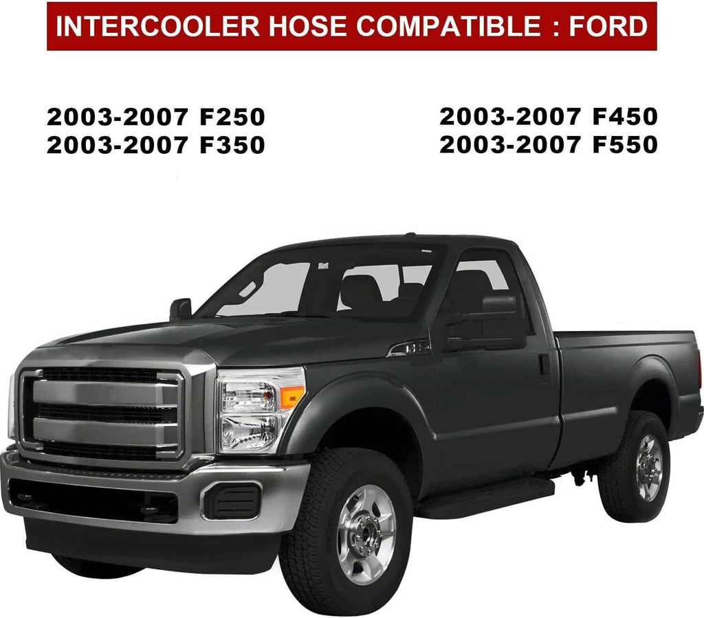 Intercooler hose kit compatible with Ford trucks, shown with black hoses and silver clamps.