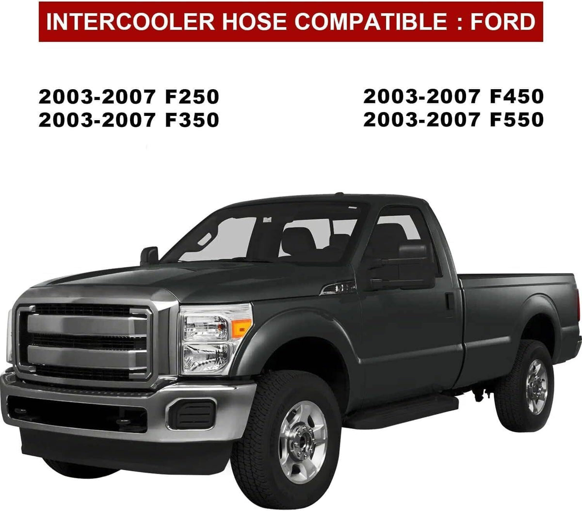 Intercooler hose kit compatible with Ford trucks, shown with black hoses and silver clamps.