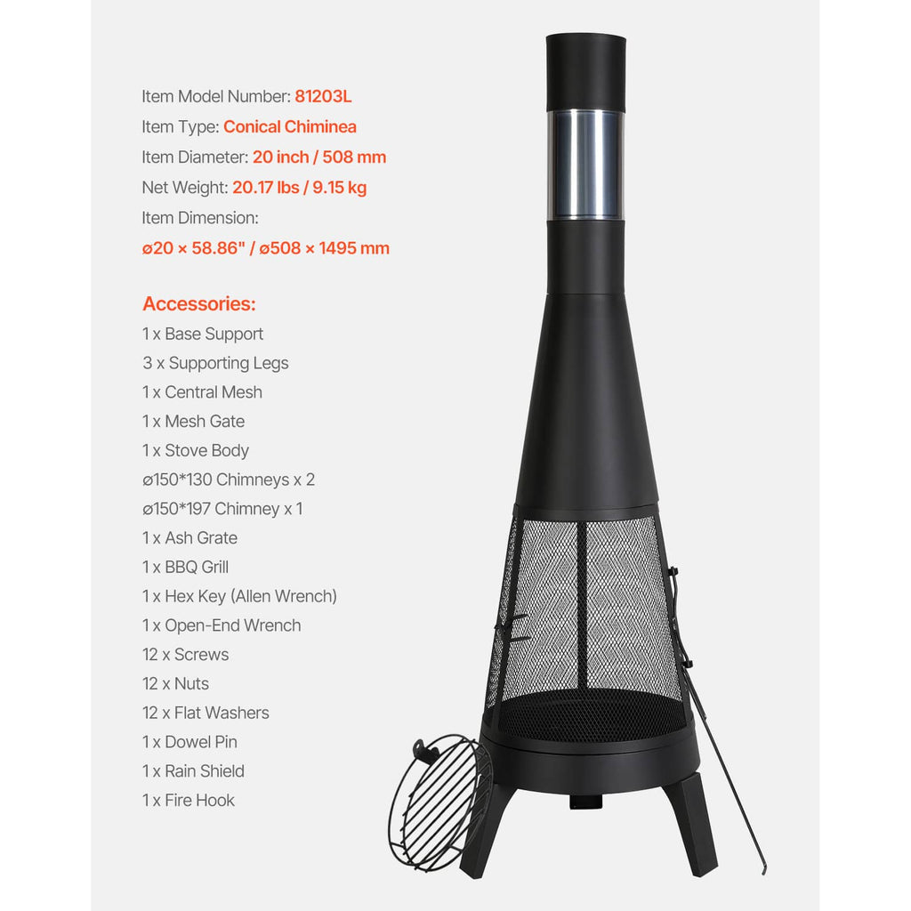 Black outdoor chiminea firepit with stainless chimney, mesh door, and tripod legs