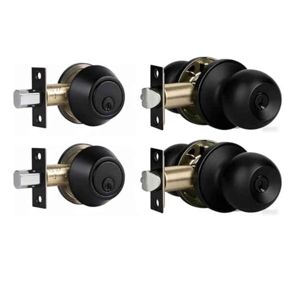 Matte black single-cylinder deadbolt lock set with round knobs and strike plates