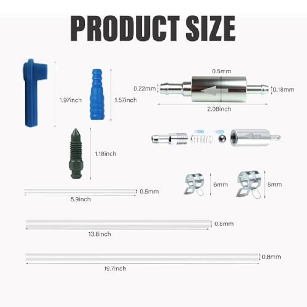 Brake bleeder kit size chart with hose length measurements and valve dimensions