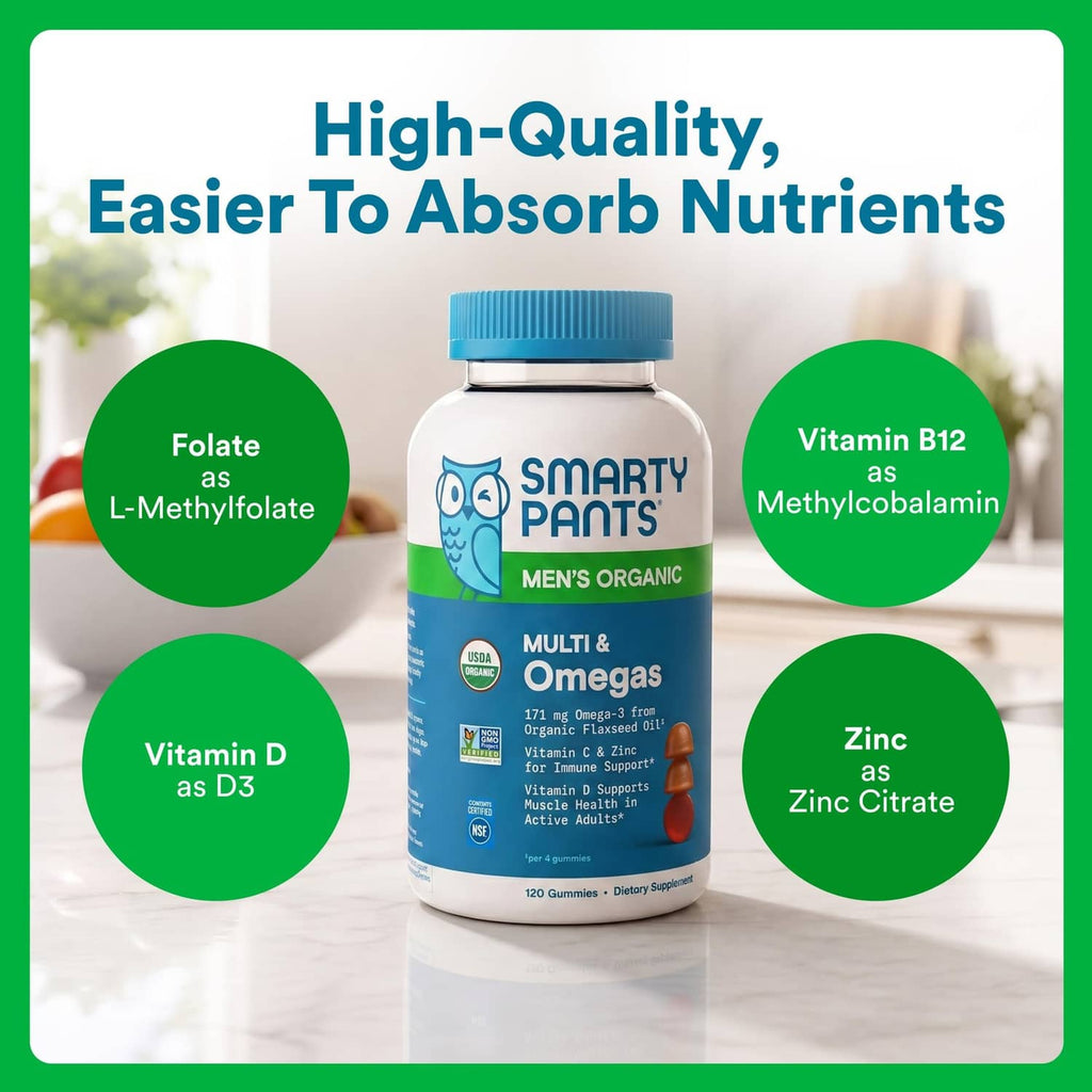 Men's organic multivitamin bottle with nutrient icons for folate, vitamin D, B12, zinc