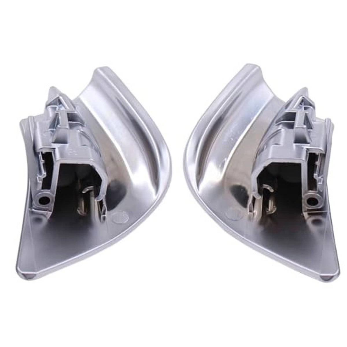 Two silver seat down handle covers, left and right underside with mounting brackets