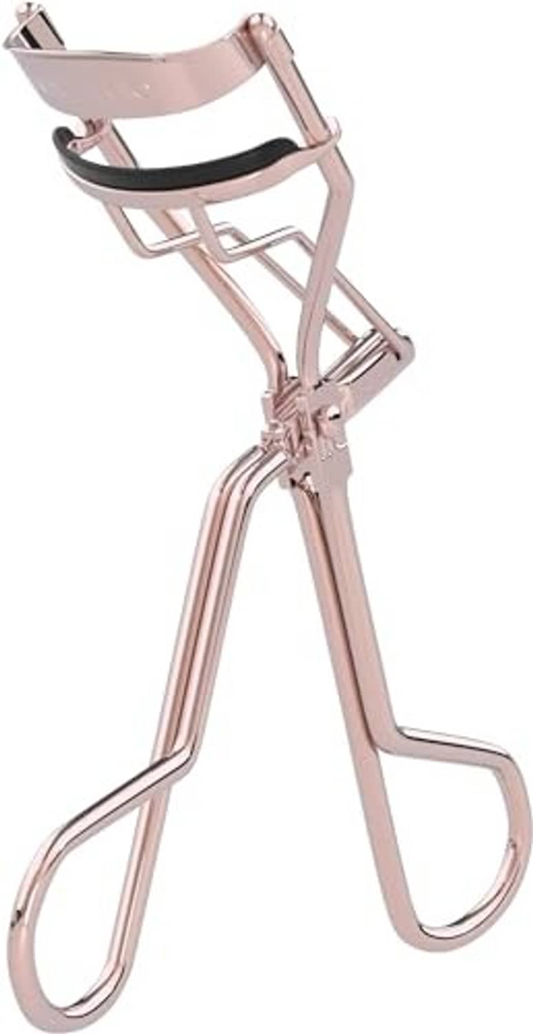 Rose-gold eyelash curler with spring clamp and black silicone lash pad