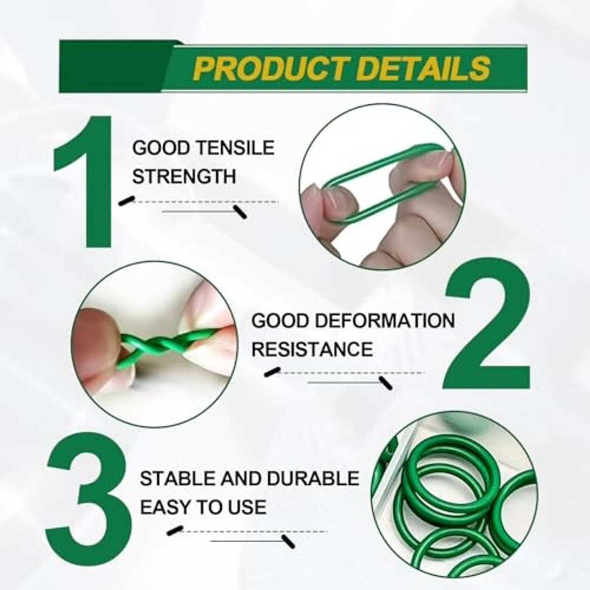 Green O-ring durability and strength feature graphic with hand holding a green ring