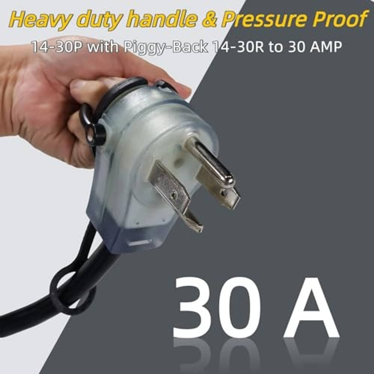 Heavy-duty dryer adapter with gripped 3-prong plug and 4-prong piggy-back connector
