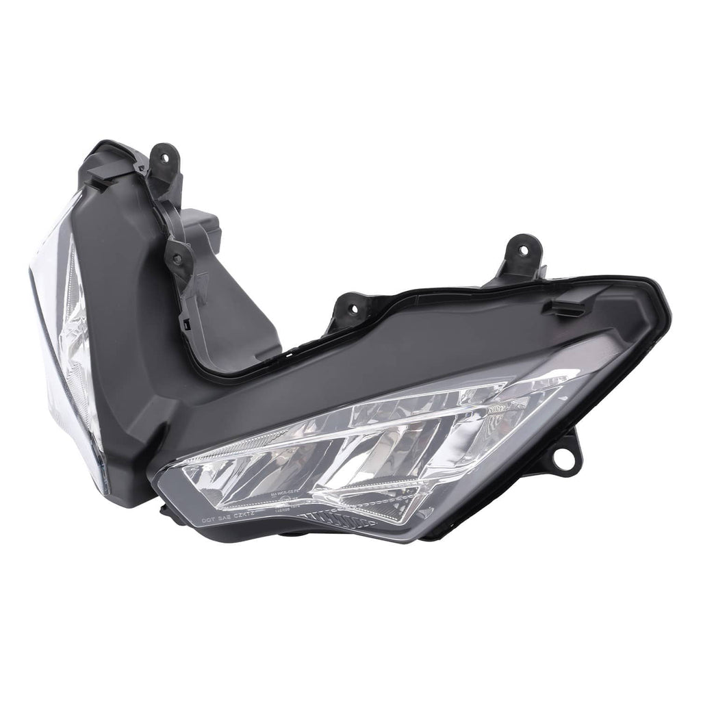 Single LED headlight lamp with black housing and clear lens, side view