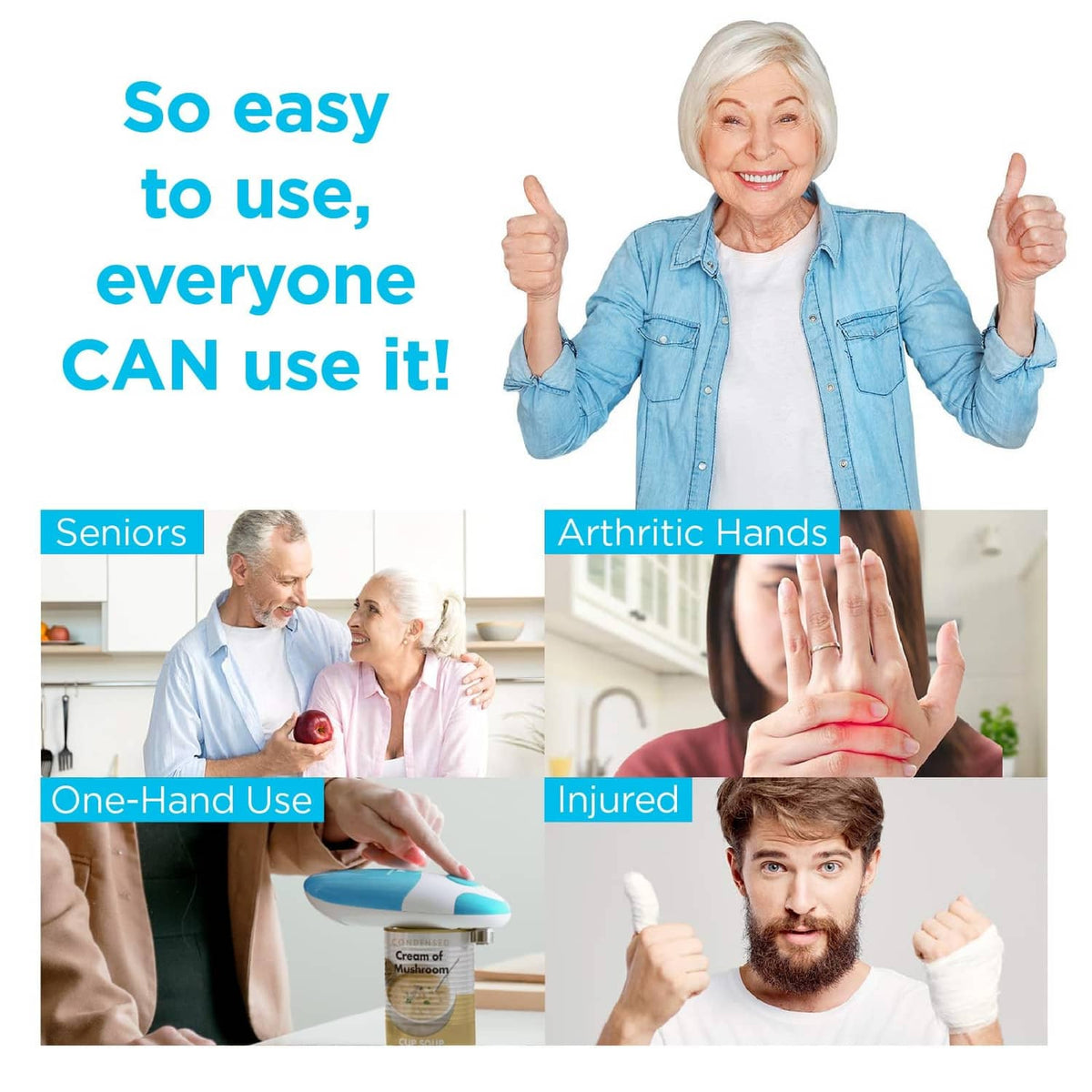 Kitchen can opener in sky blue and white, held in a hand for easy use.
