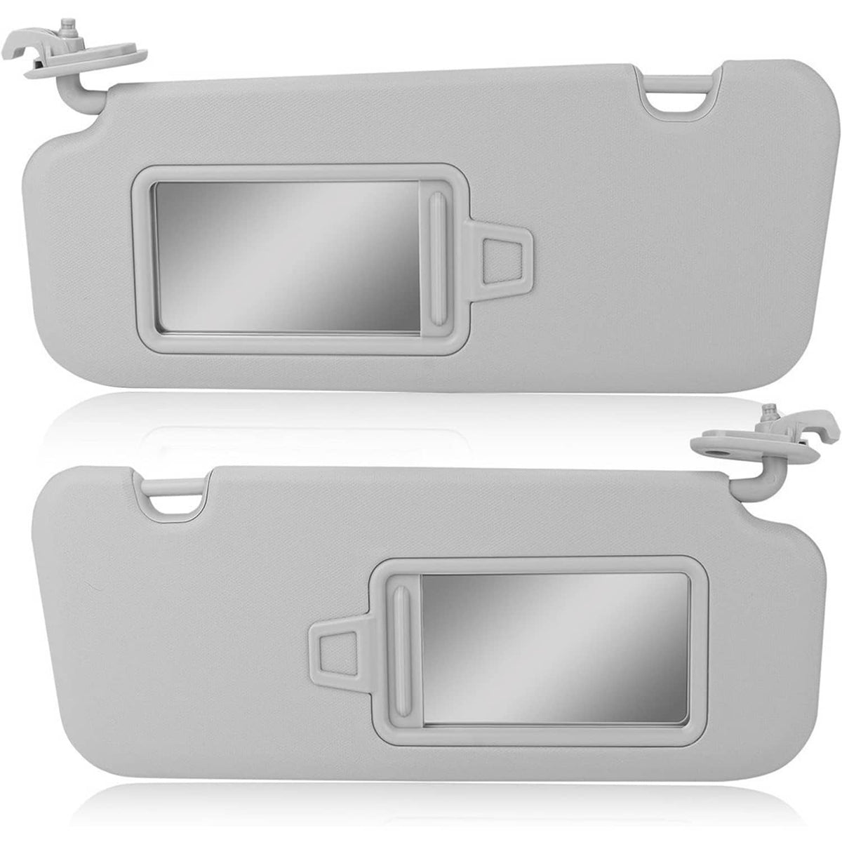 Gray driver and passenger sun visors with rectangular mirror windows and mounting brackets