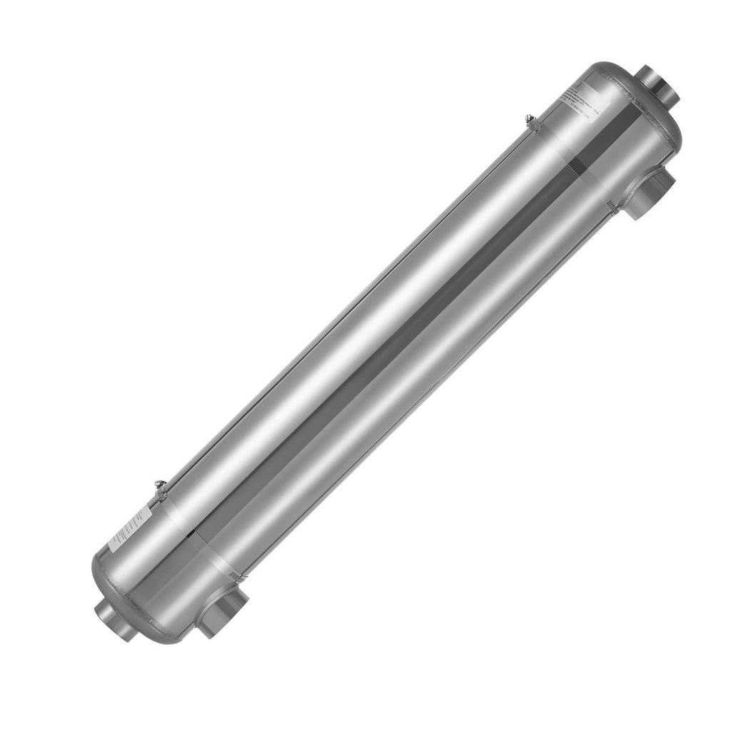 Stainless steel pool heat exchanger, horizontal cylinder with end caps and fittings