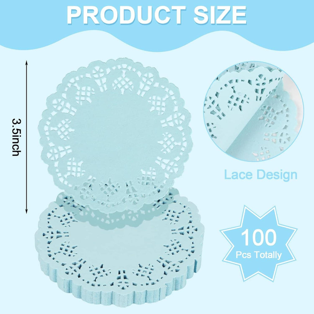 Round blue paper lace doilies, 3.5 inch, decorative cutwork, pack of 100