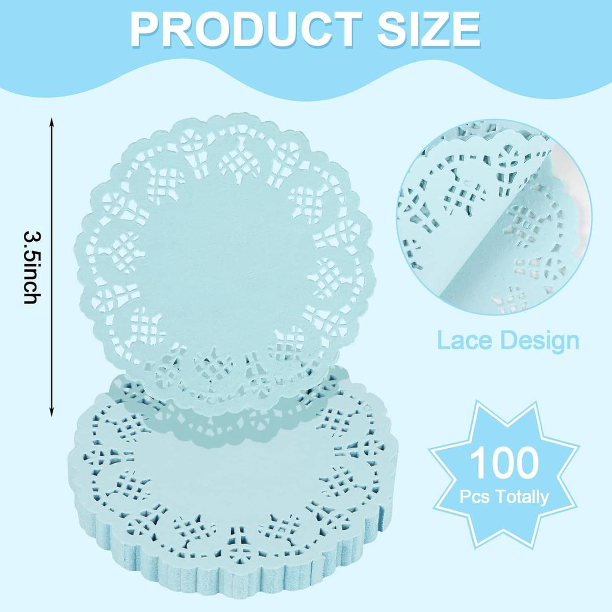 Round blue paper lace doilies, 3.5 inch, decorative cutwork, pack of 100