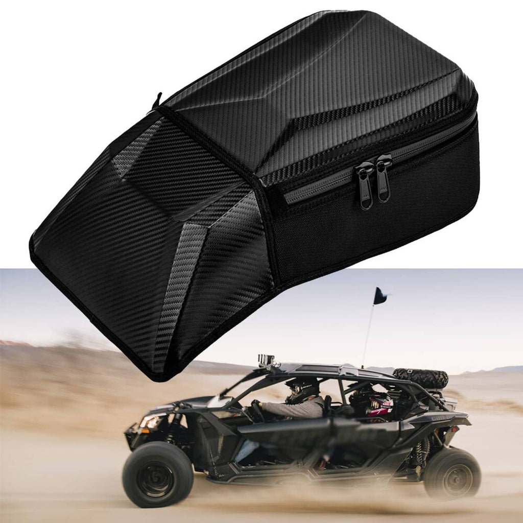 UTV center seat console storage bag, black fabric with zippered opening