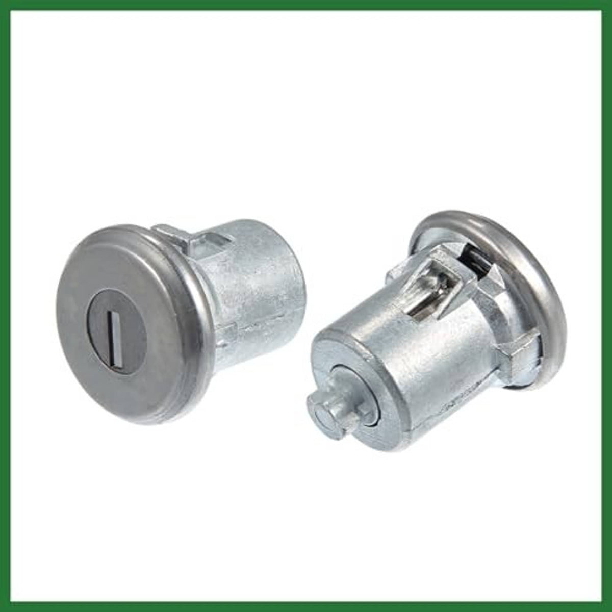 Car door lock cylinder set showing internal keyway and key hole, silver metal