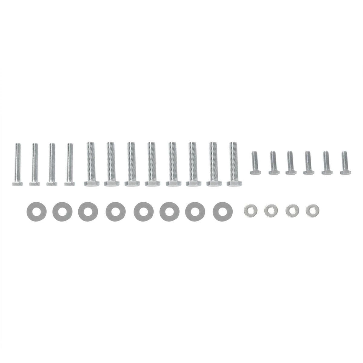 Seat mounting hardware set: screws and circular washers in a line
