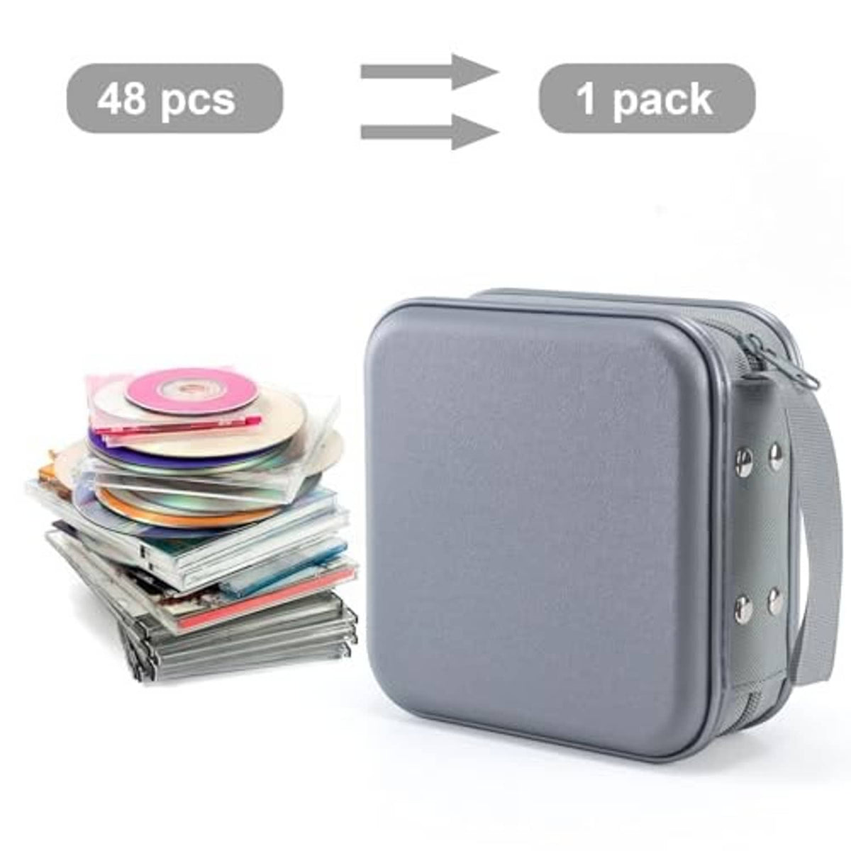 Gray hard plastic DVD case holds up to 48 discs, zipper closure, 1 pack