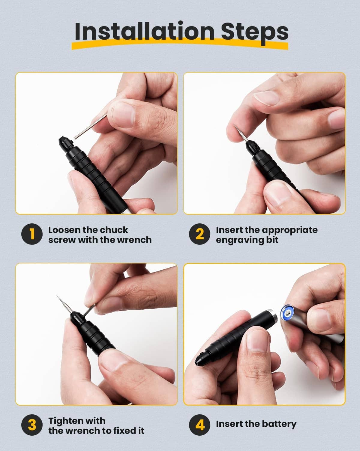 Engraving pen installation steps showing bit insertion and battery placement