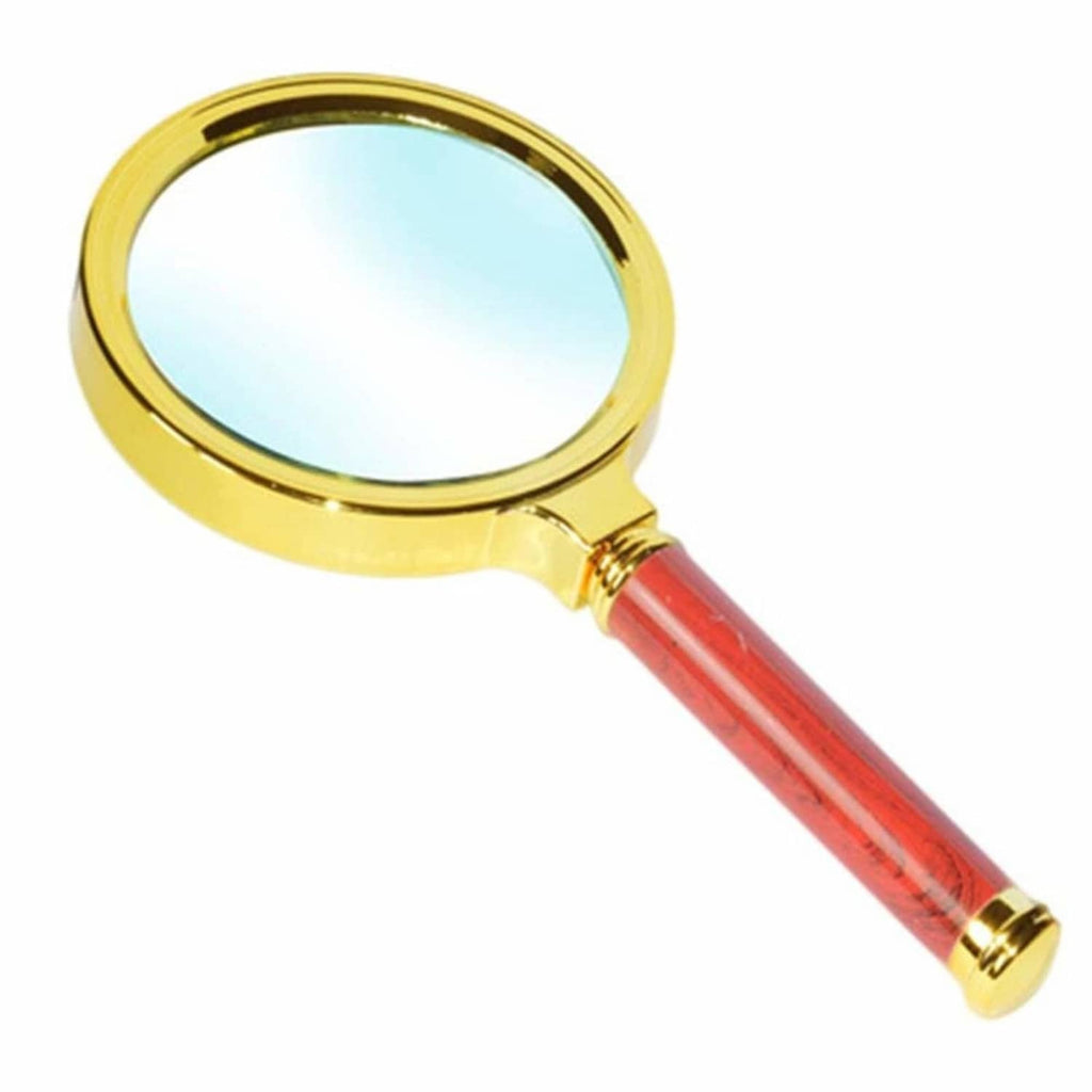 Hand magnifying glass with gold frame and red ergonomic handle, clear circular lens