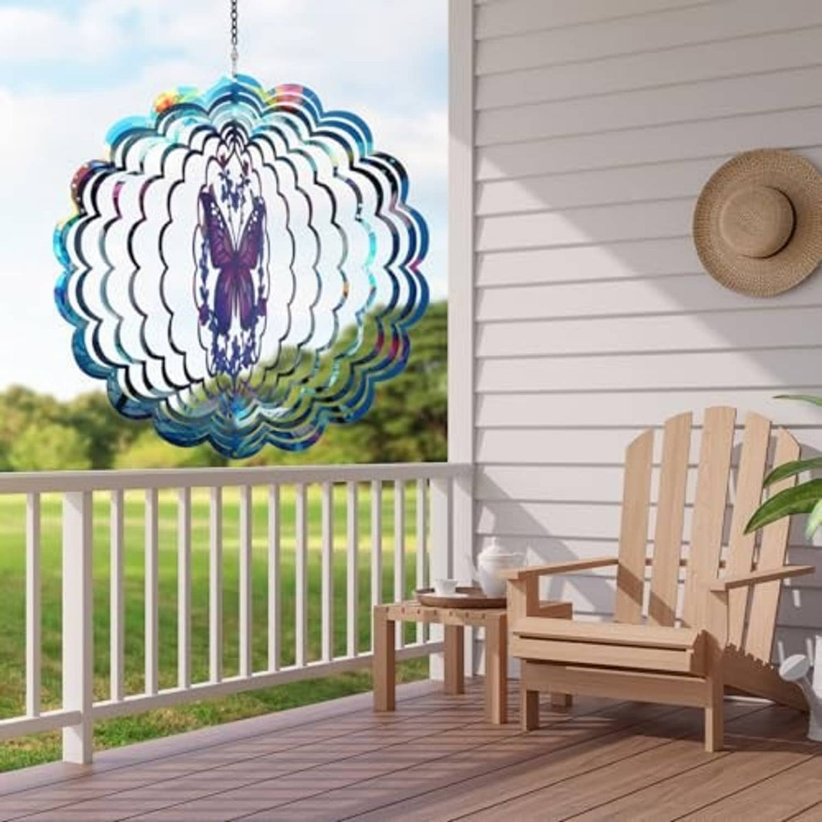Blue and rainbow butterfly wind spinner shown from side with layered reflective vanes