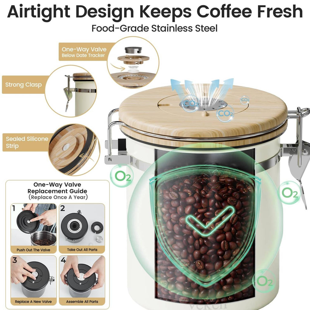 Cream stainless airtight canister with clear window and rotating lid date tracker top