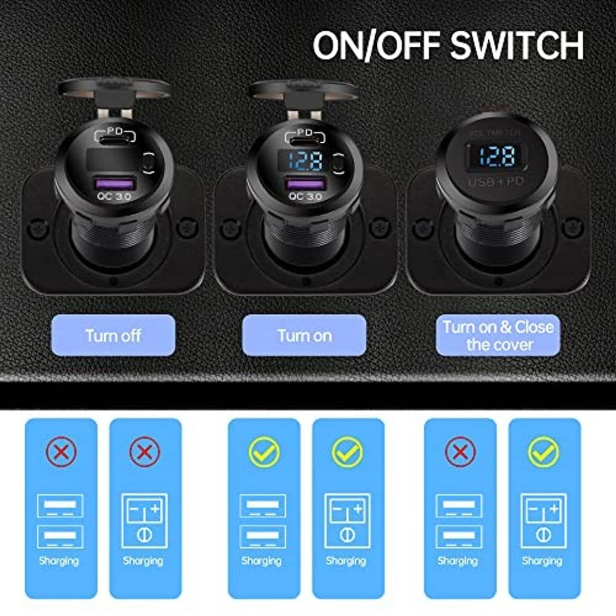 Dual USB car charger with LED voltmeter and on/off switch for USB ports