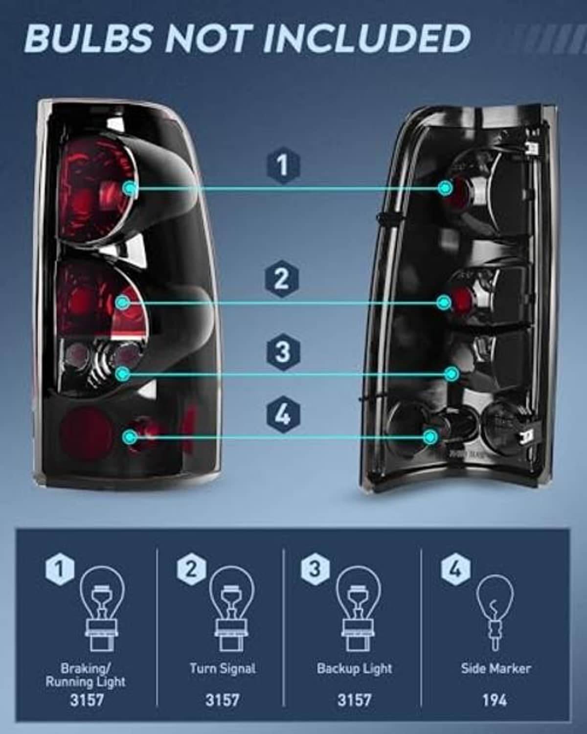 Exploded view of smoked-lens taillight assembly, black housing with red lamp sections
