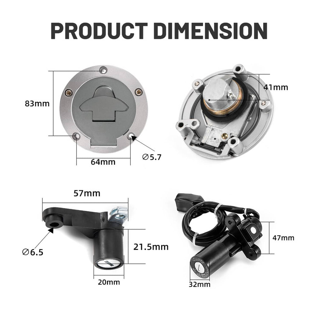 Product dimension diagram for ignition switch, fuel cap lock, and key set hardware