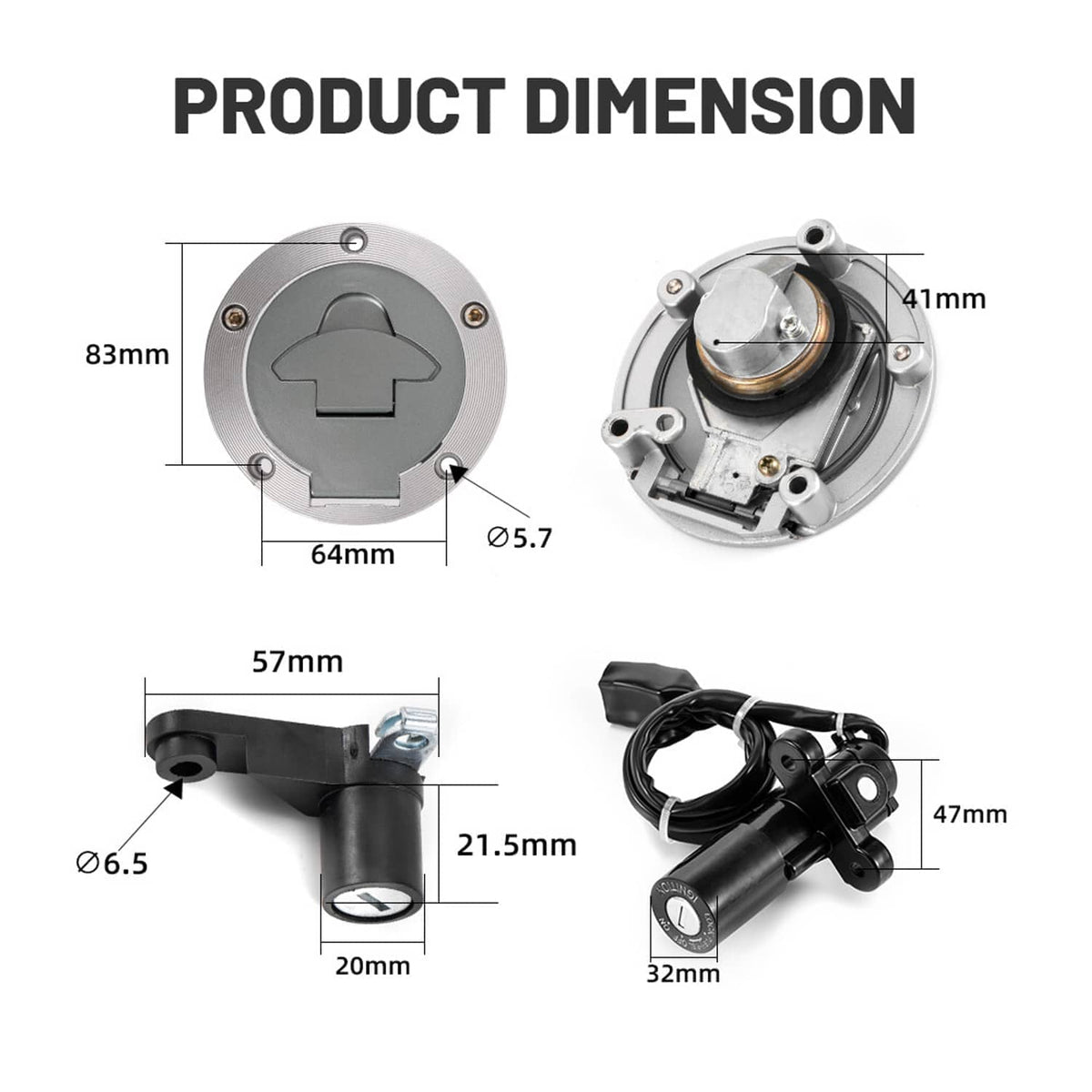 Product dimension diagram for ignition switch, fuel cap lock, and key set hardware