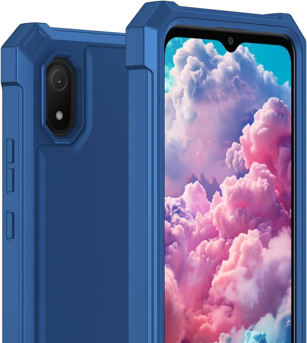 Blue rugged phone case with dual camera opening, front cover raised