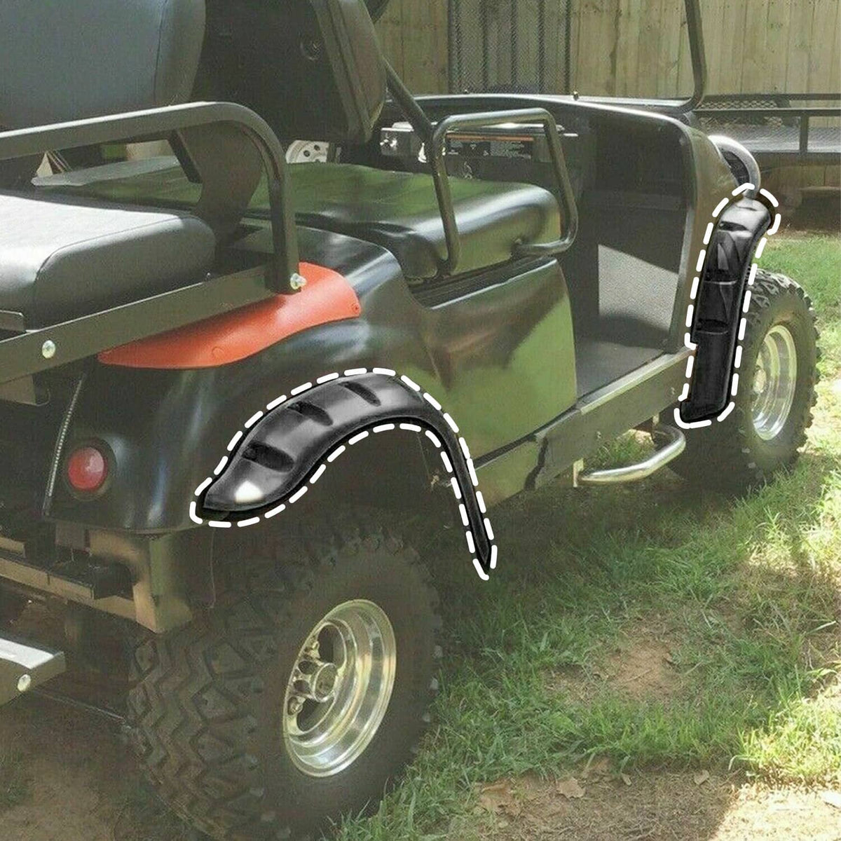 Golf cart with installed dark gray/black fender flares along front fender openings
