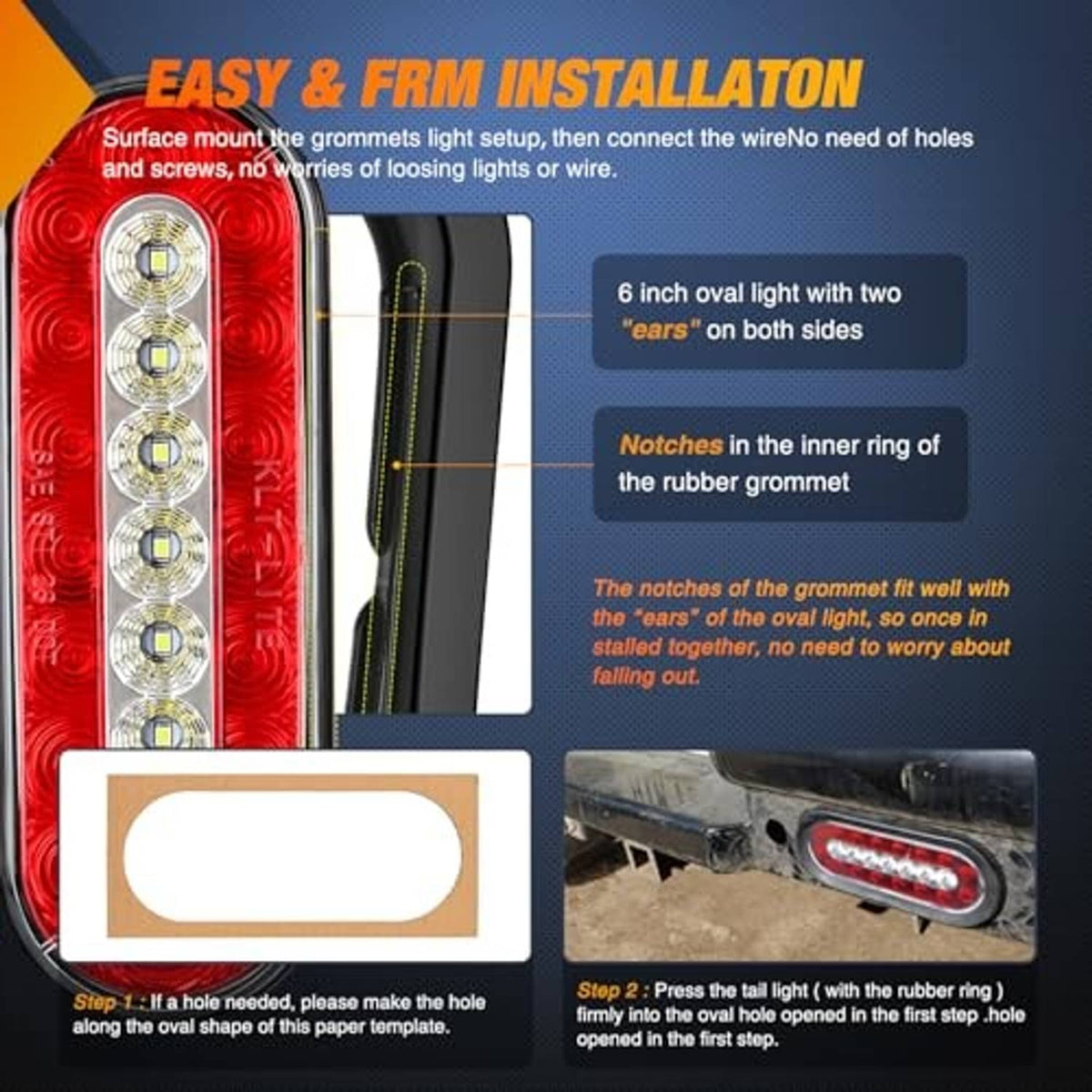 Oval red LED tail light with mounting gasket, showing installation and template outline