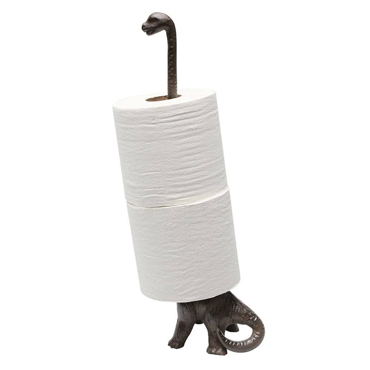 Iron dinosaur paper towel holder with dark bronze finish, holding a white towel roll