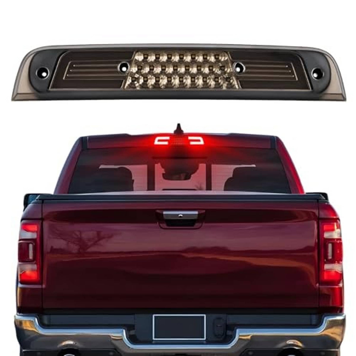 Rear LED third brake light with red illuminated center LED array and smoked lens.