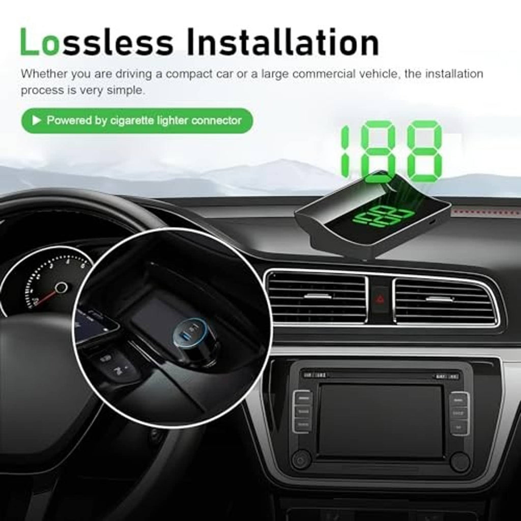 Car dashboard-mounted HUD unit with green speed 188 projection and view of controls