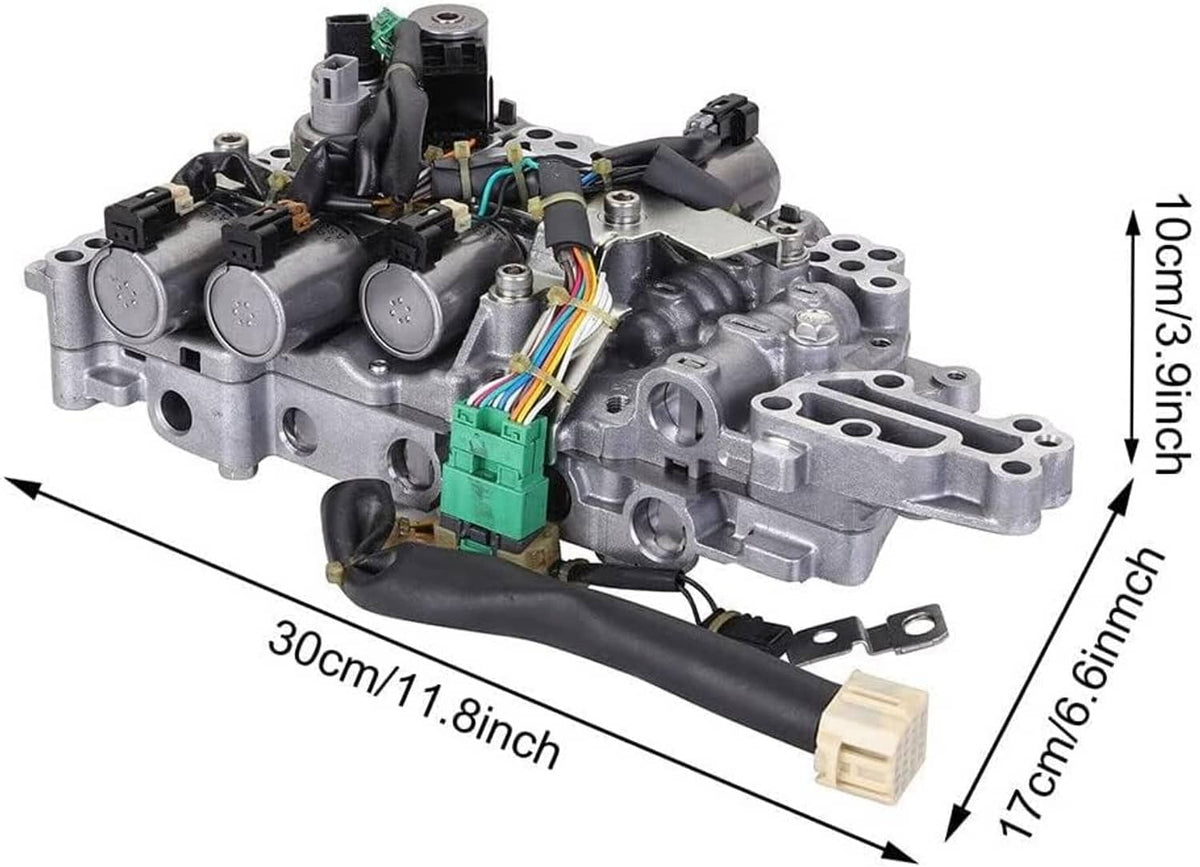CVT transmission valve body assembly with metal channels, sensors, and wiring harness
