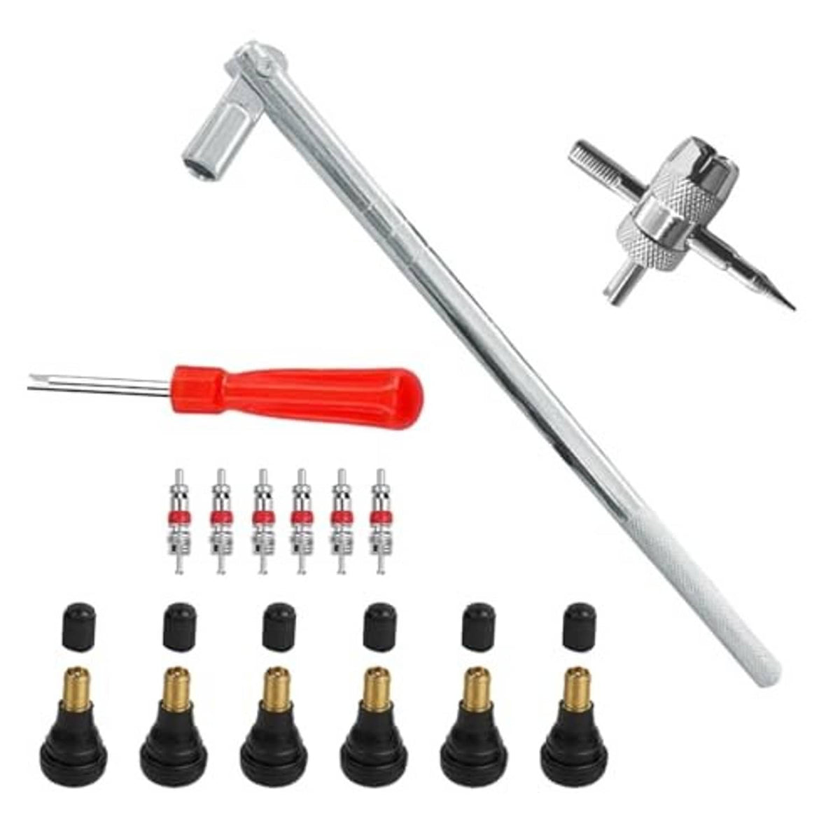 Tire valve stem puller installer tool kit with angled metal rod, red handle, snap-in valves