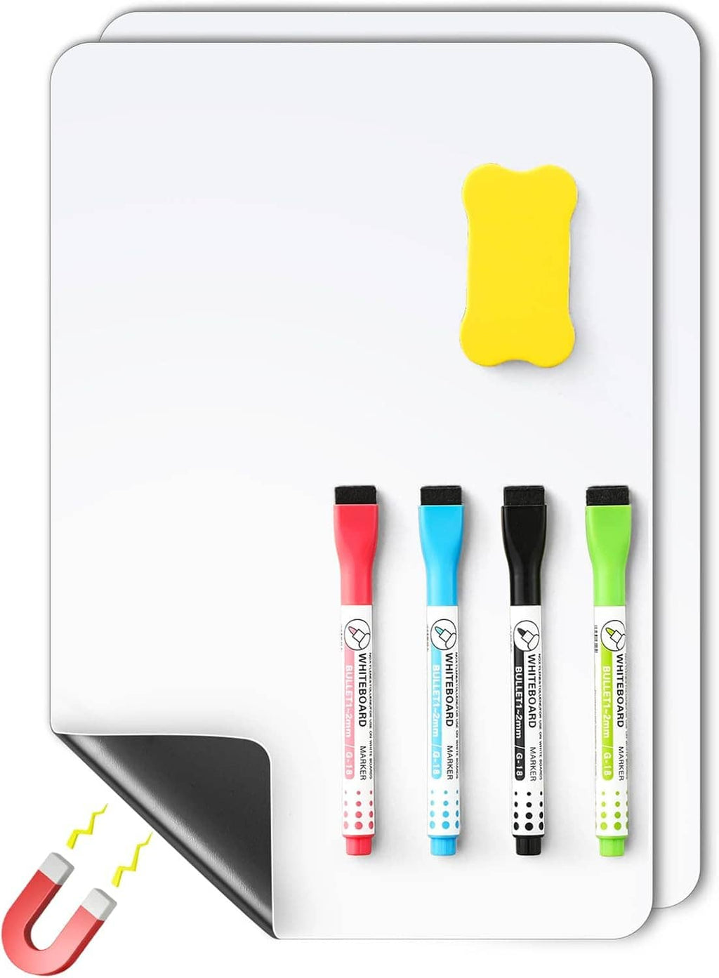Two magnetic dry erase board sheets with yellow eraser and 4 marker pens shown