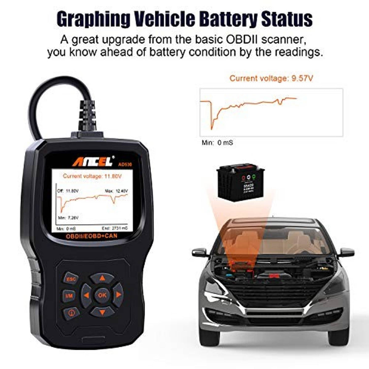 Handheld OBD2 scanner displaying battery voltage graph and wiring connector