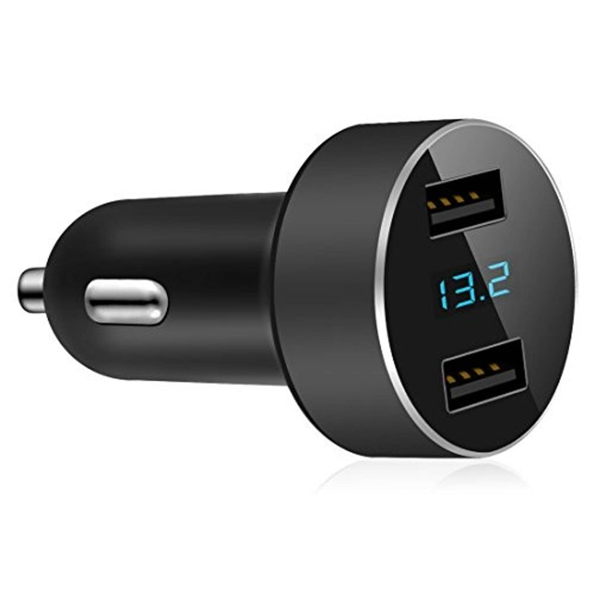 Black dual USB car charger with blue LED voltage readout and two USB ports