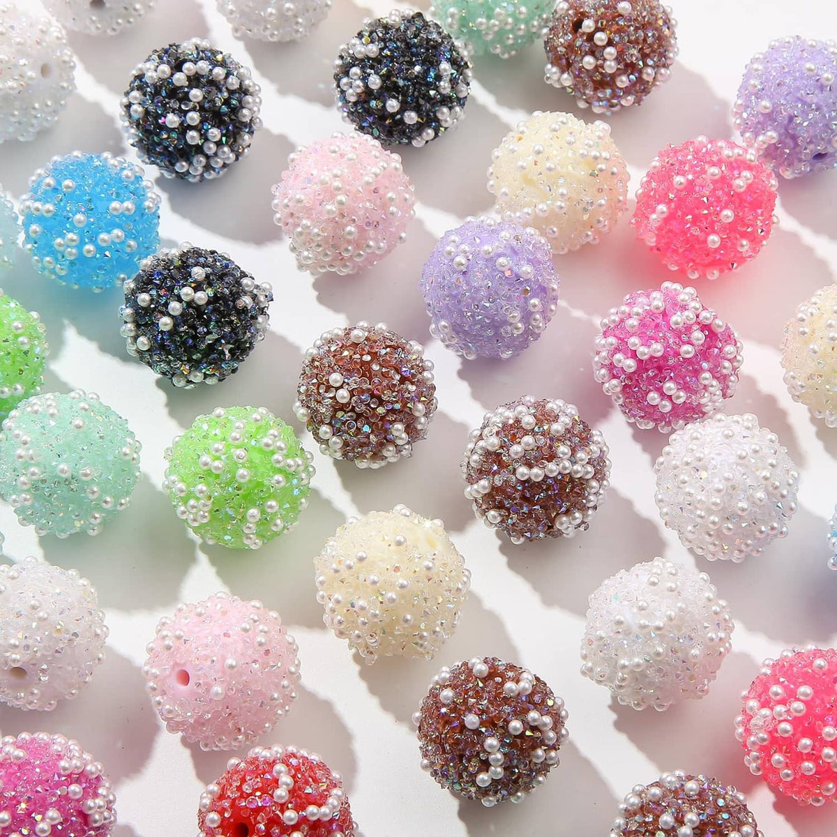 Acrylic round rhinestone beads, mixed colors with domed pearl-studded texture