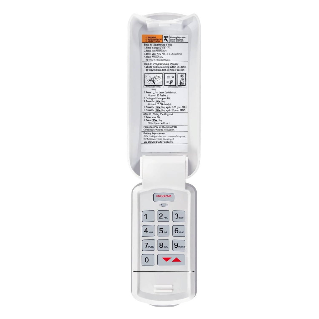 White garage door opener keypad with hinged cover and 0-9 number buttons