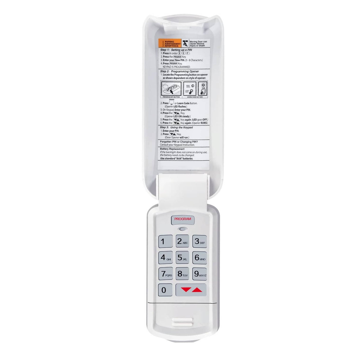 White garage door opener keypad with hinged cover and 0-9 number buttons