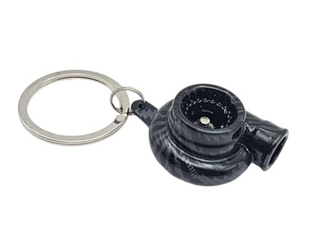 Carbon-fiber style turbo keychain with metal snap and key ring