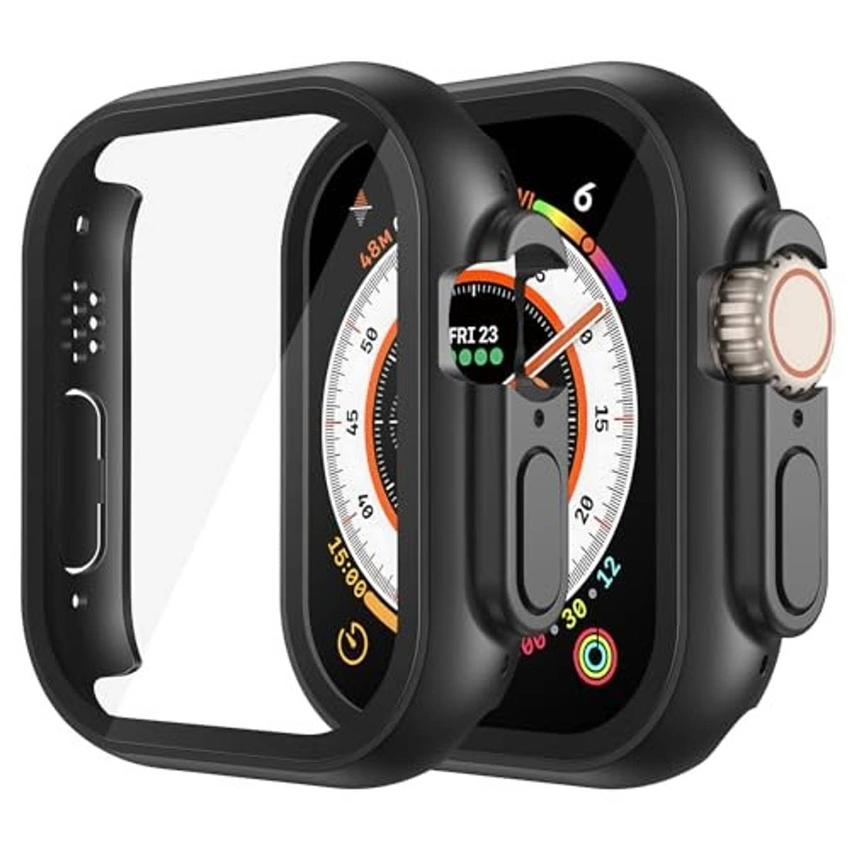 Black hard PC smartwatch case with tempered-glass screen protector, front view with side buttons