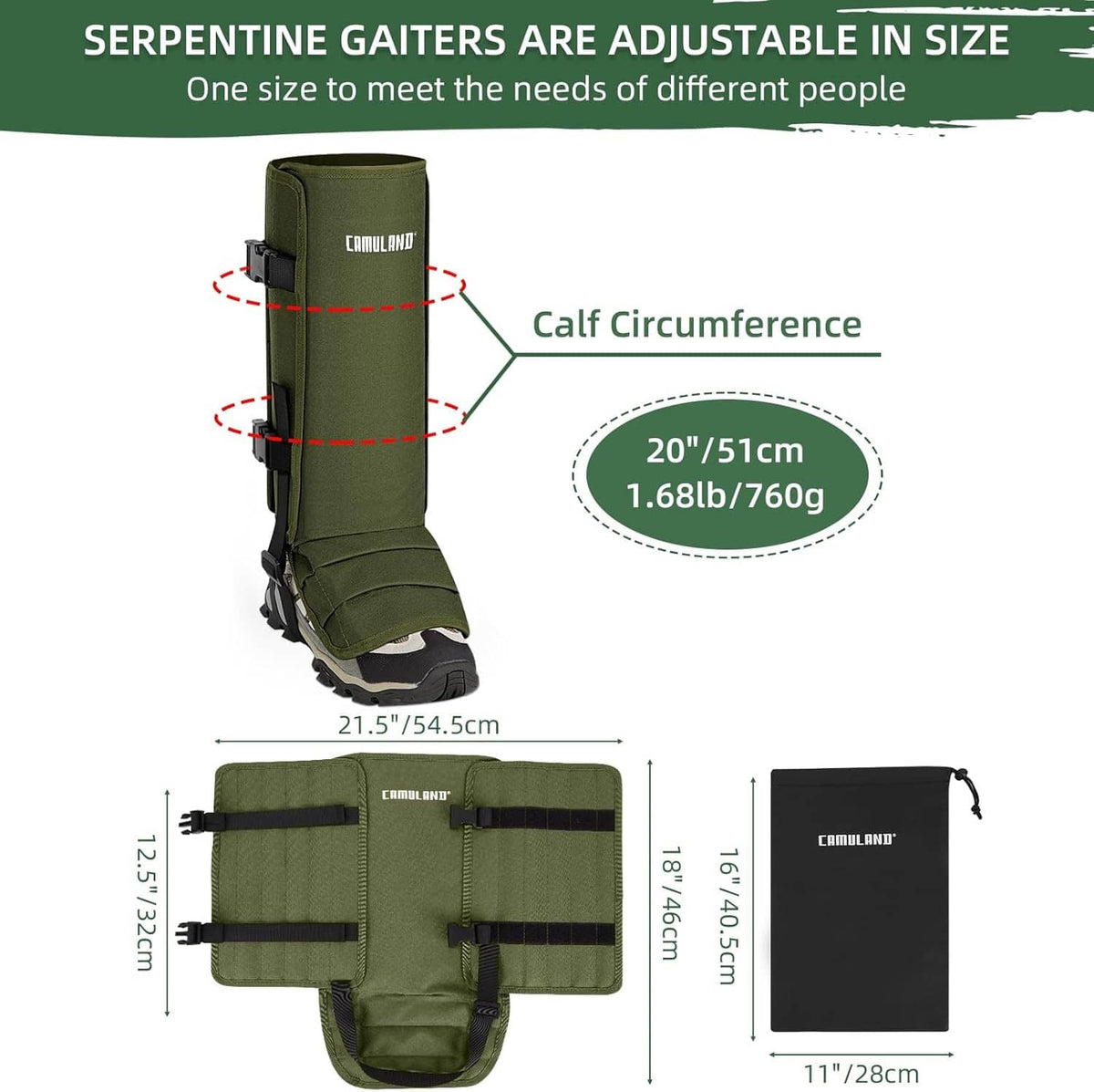 Green adjustable snake gaiters diagram, showing calf wrap straps and fit range