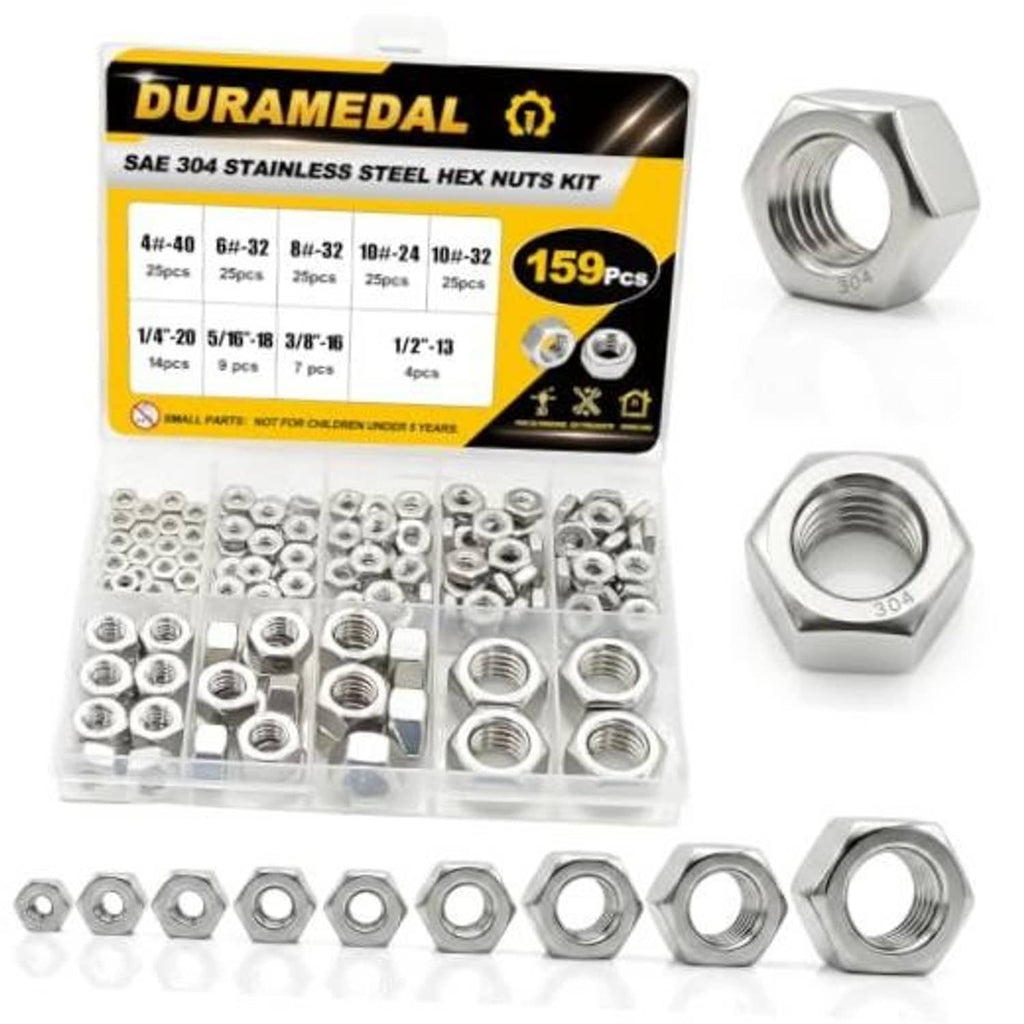 DuramEDAL SAE 304 stainless hex nuts assortment kit, 159-piece set in clear tray