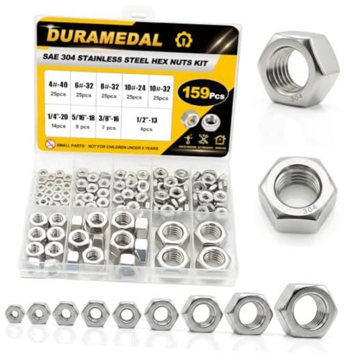 DuramEDAL SAE 304 stainless hex nuts assortment kit, 159-piece set in clear tray